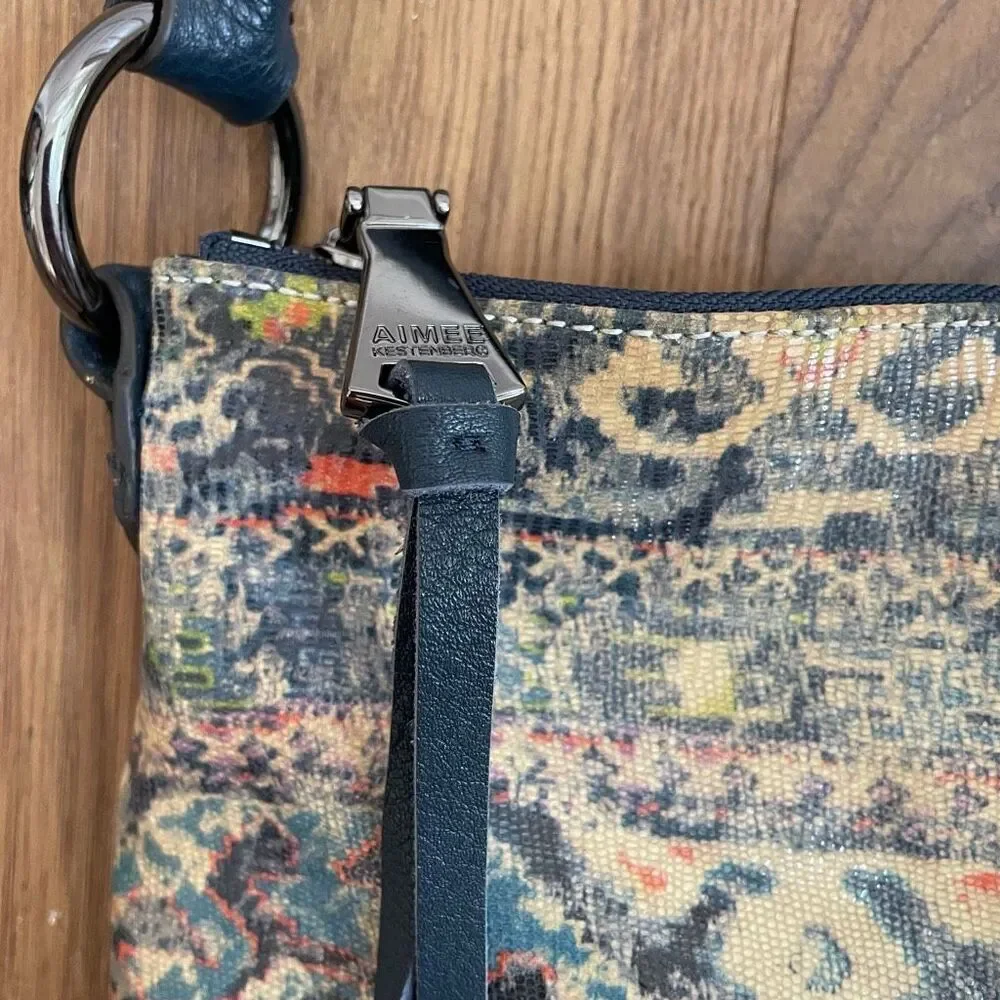 Aimee Kestenberg Coated Batik Pattern Faux Leather Dark Blue Trim Bag Purse $248